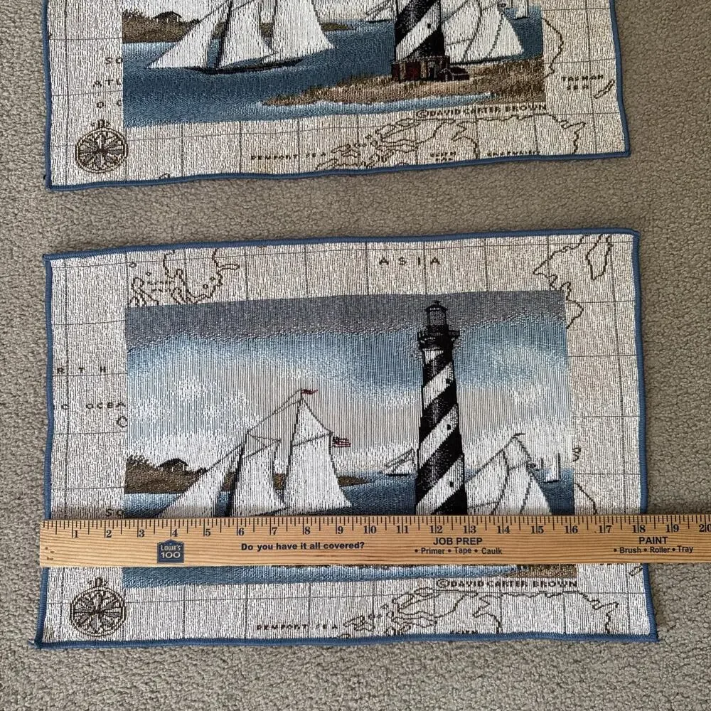Pair Nautical Lighthouse Sailboat Woven Tapestry Placemats Coastal 18x12 Vtg